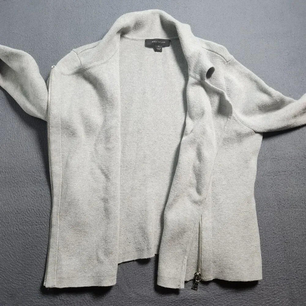 Ann Taylor Cardigan Women XS Gray Full Asymmetrical Zip Moto Sweater